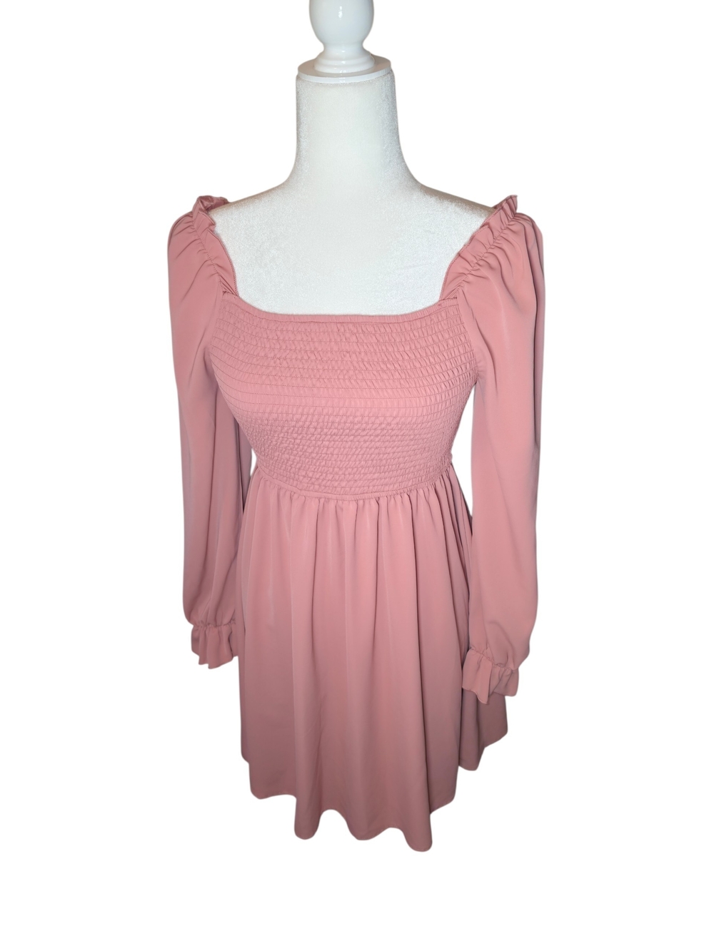 Blush Pink A-Line Mini Ruffled Trim Elastic Cuff Puff Sleeve Cottagecore Dress